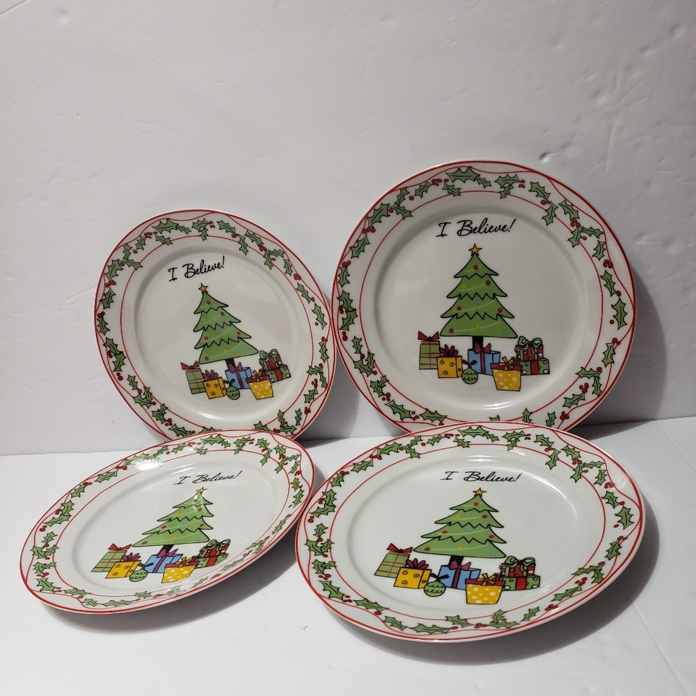 NEW!  Set Of 4 AT HOME Christmas Tree **I Believe!** Dessert Plates